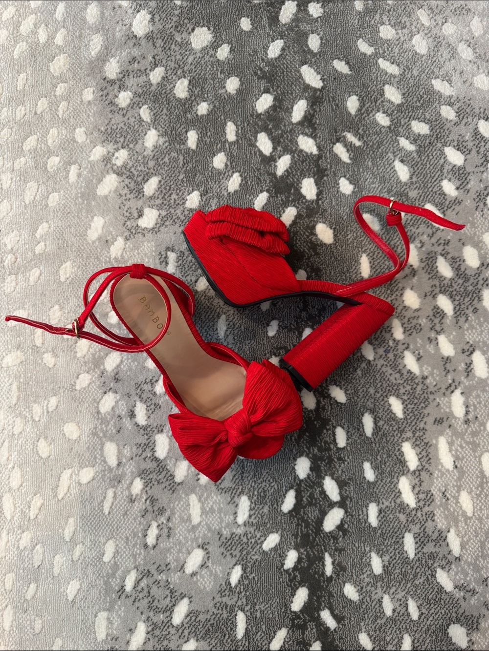 AVARA Red Bow Block Heel Sandals with Ankle Tie
